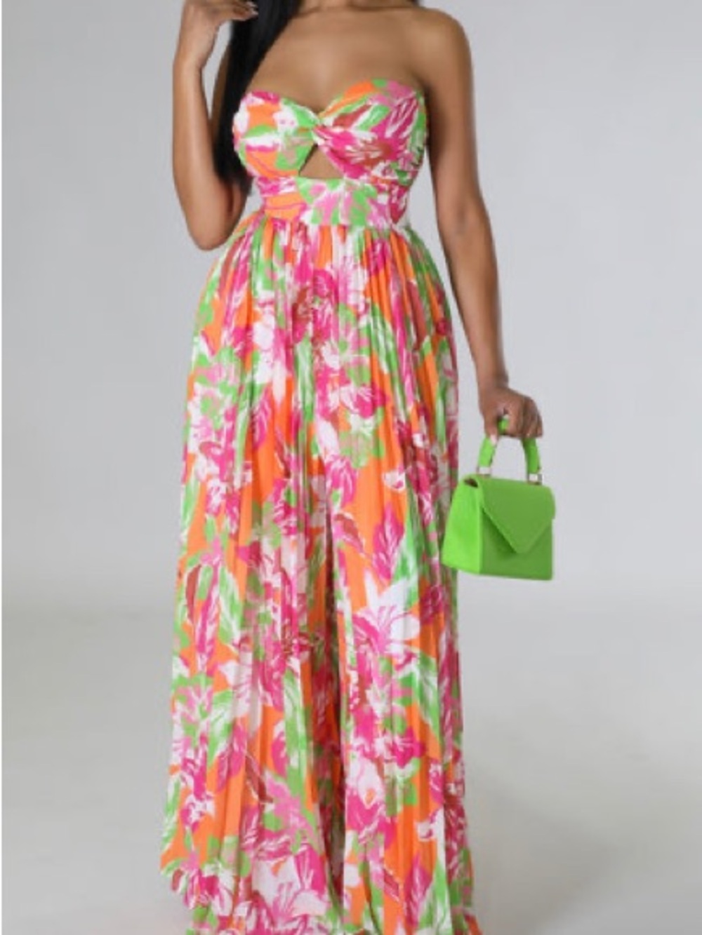 Micas Strapless Floral Maxi Dress in Pink & Orange
